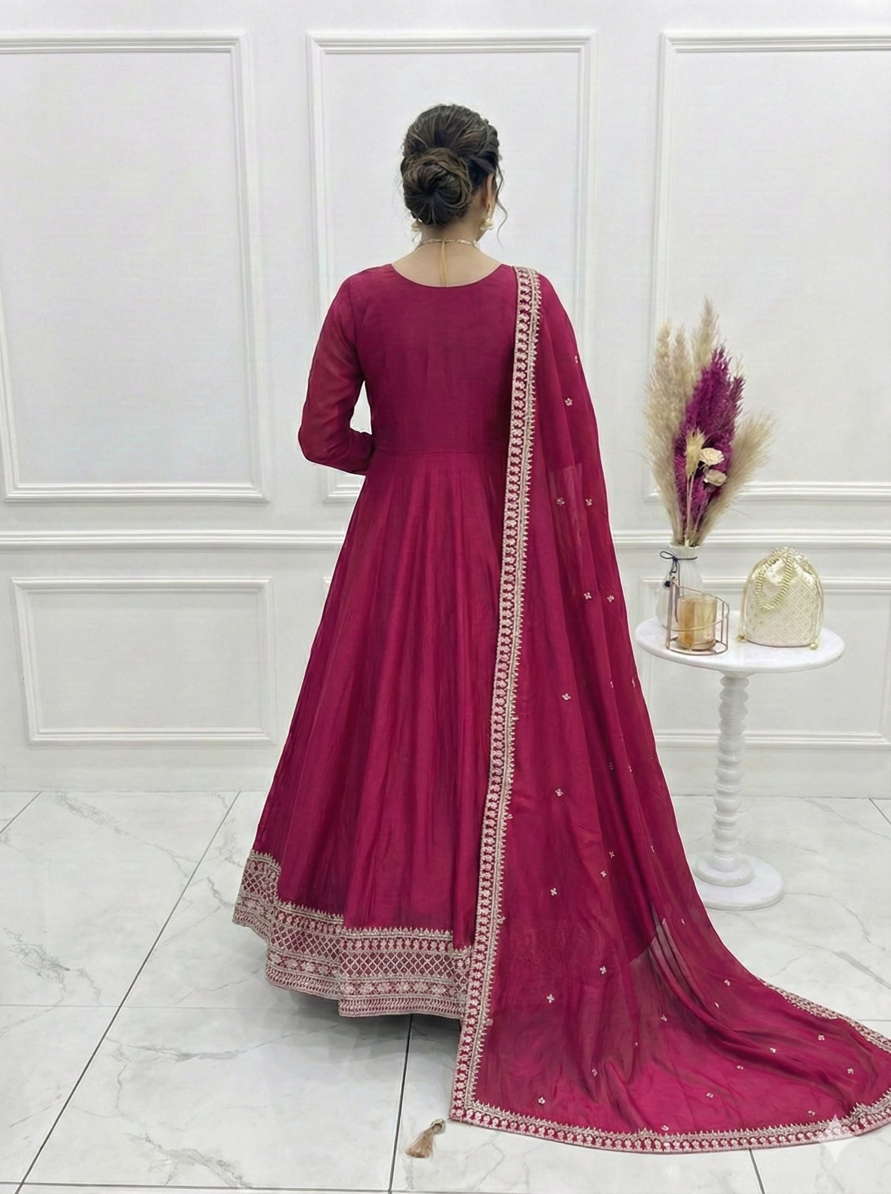Teeya Creation Dark Rani Color Vichitra Silk Embroidery Work Party Wear Long Gown
