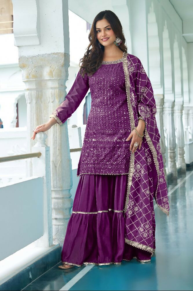 Teeya Creation Wine Colour Chinnon Silk Heavy Embroidery Work Fully Stitched Salwar Suit
