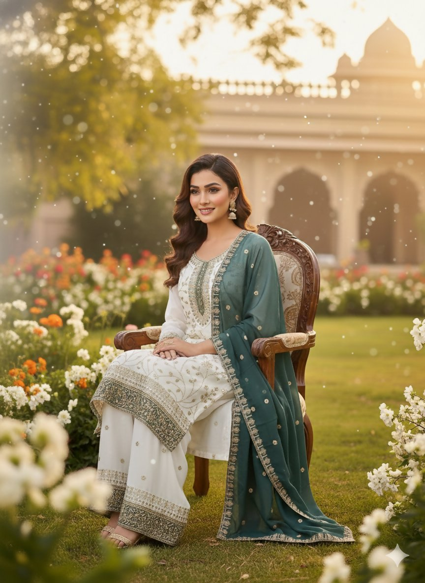 Teeya Creation White Color Faux Georgette Embroidery Work Long Party Wear Palazzo Suit