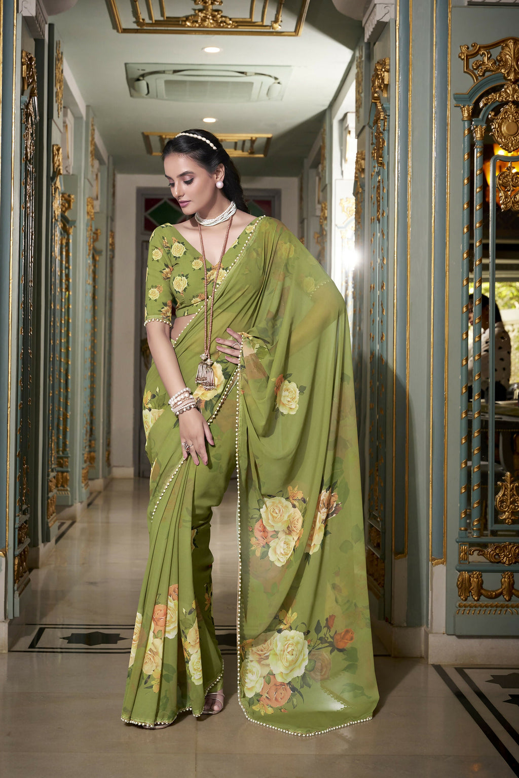 Vastranavya Mehendi Spectacular Georgette Printed with Pearl Lace Saree with Unstitched Blouse