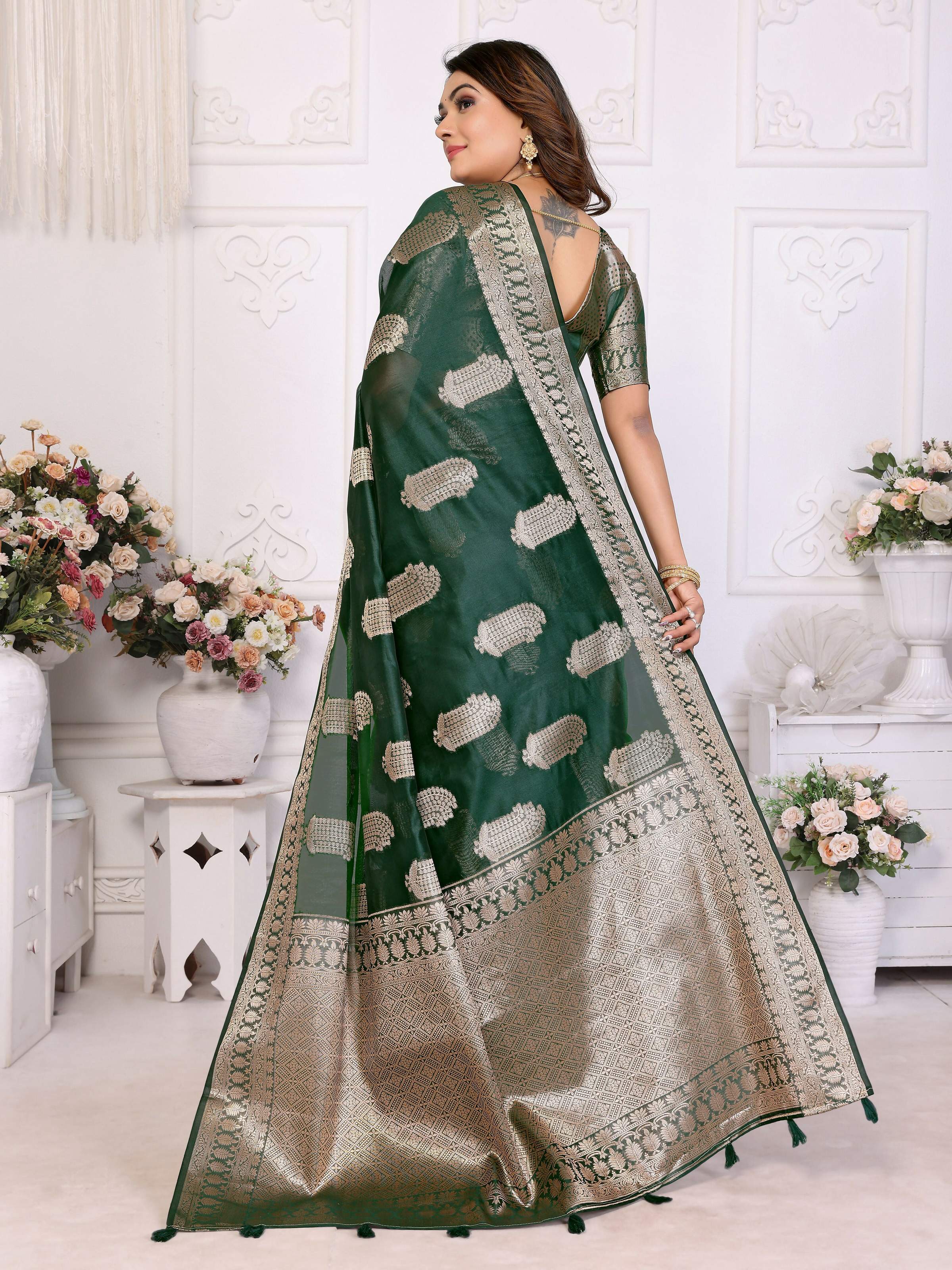 Aastha Fashion Green Soft Organza Silk Weaving Saree