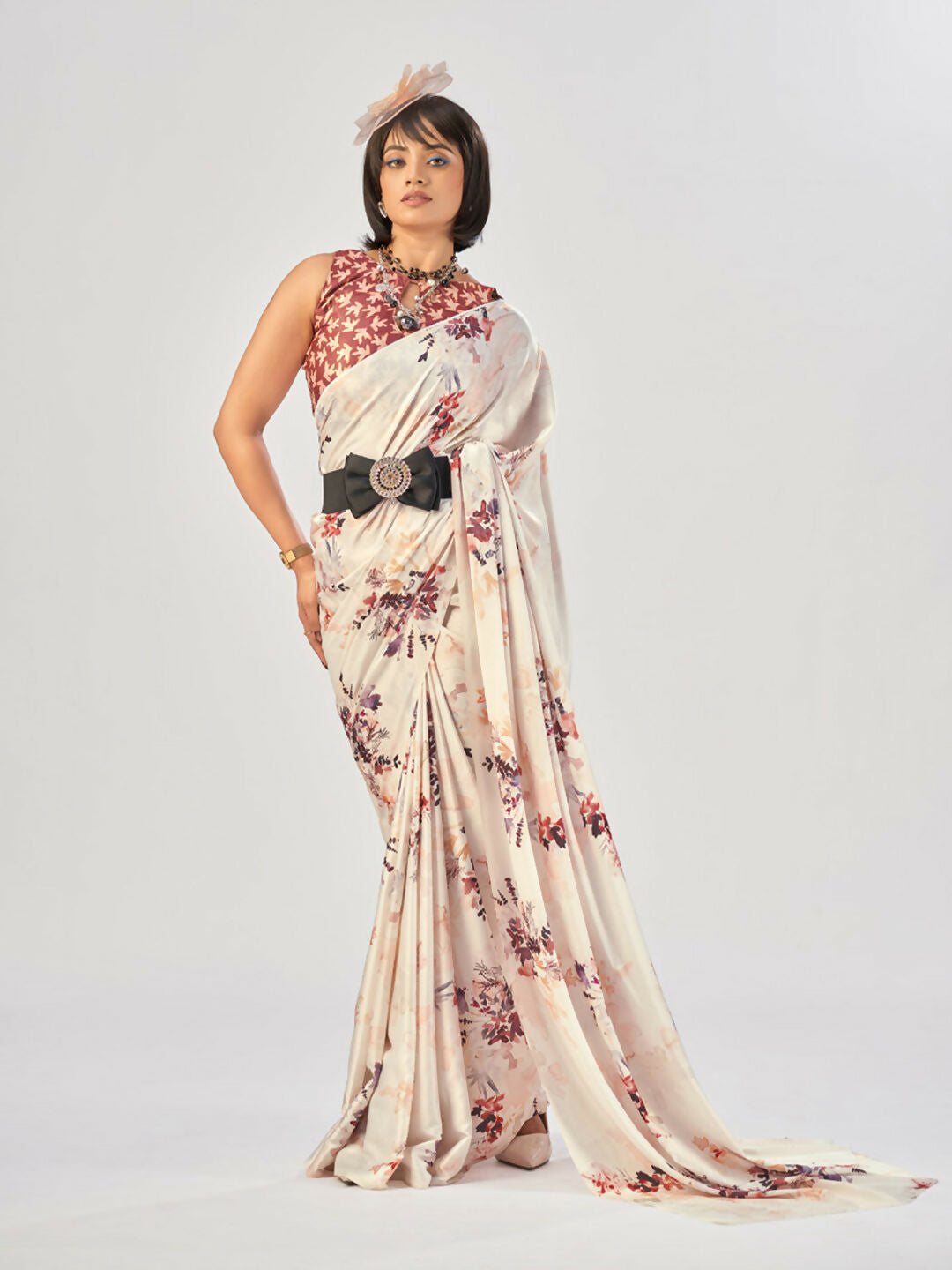 Vastranavya White Satin Silk Elegant Printed Saree with Unstitched Blouse