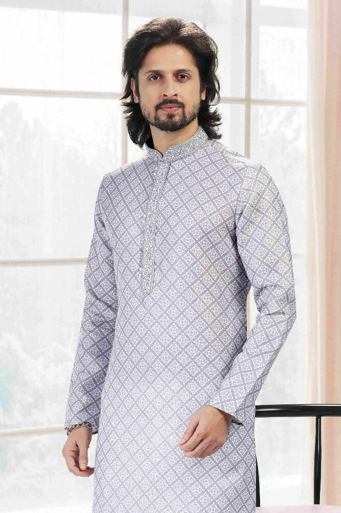 Raivat Ethnic Cotton Thread Work Kurta Pajama In Grey Colour