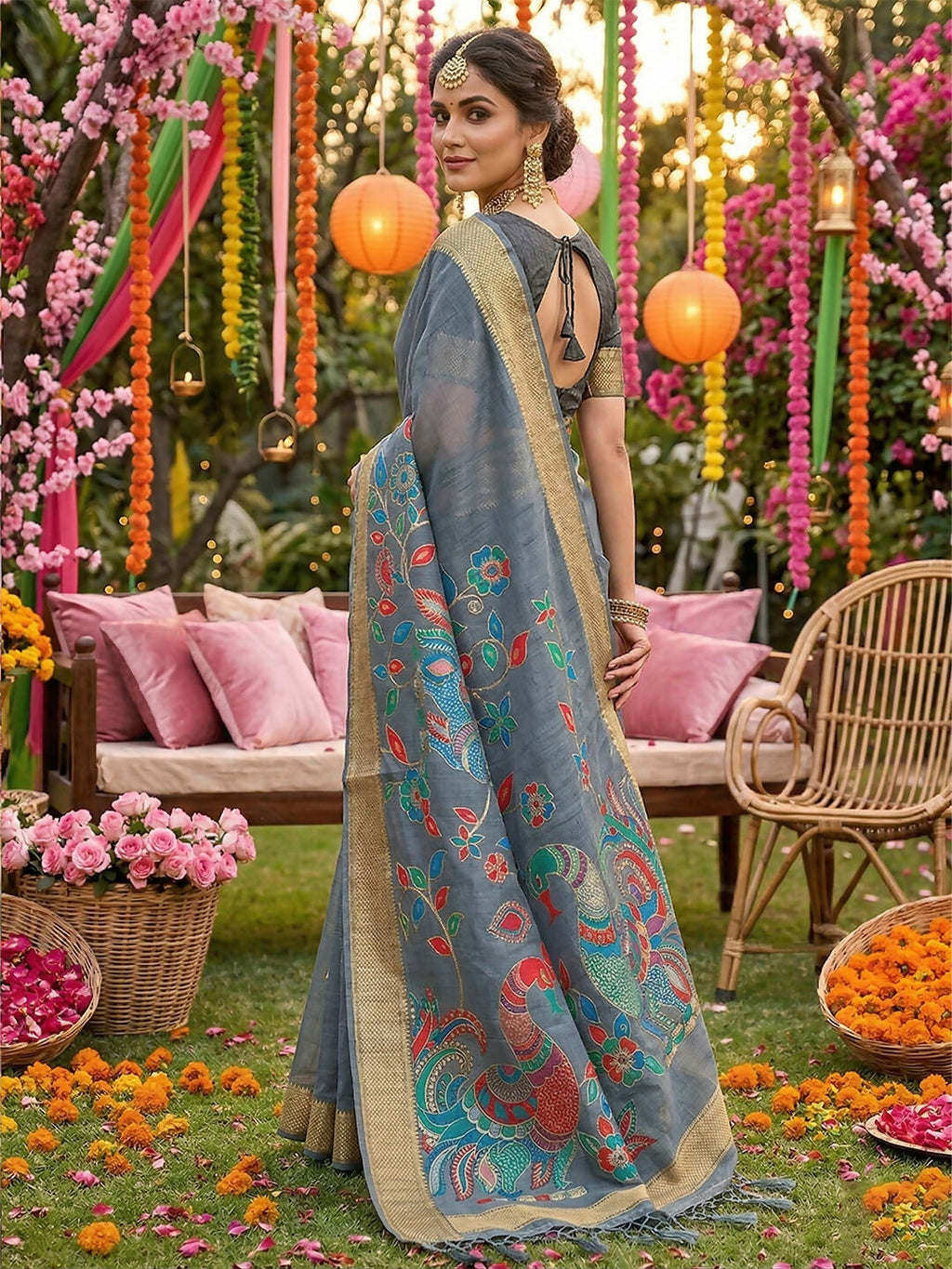 Shree Shyam Fashion Gray Linen Cotton Saree
