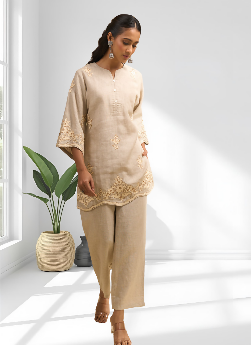 Joban Fashion Beige Linen Embroidered Readymade Cord Set
