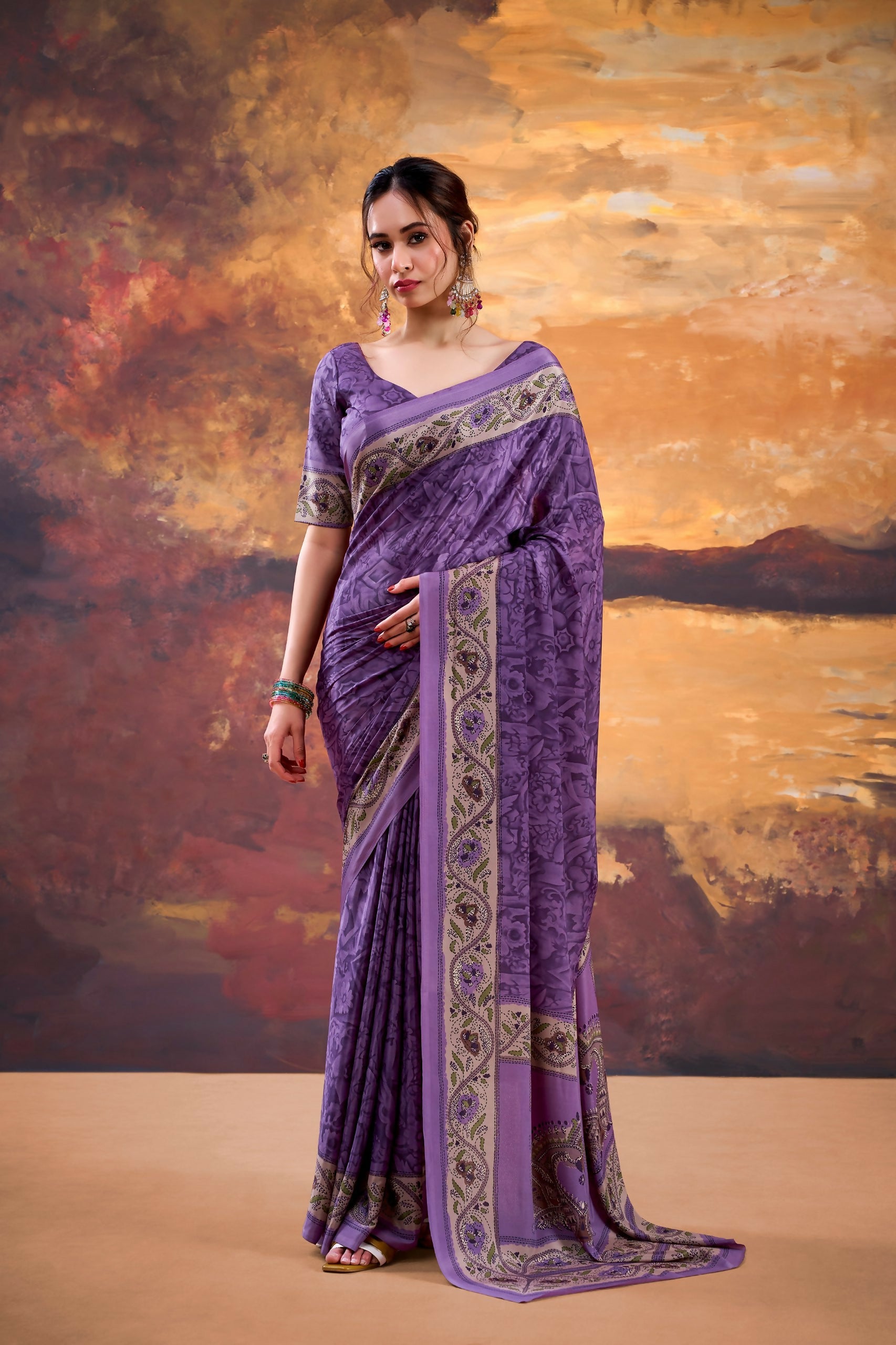 Vastranavya Purple Crepe Printed Saree with Unstitched Blouse