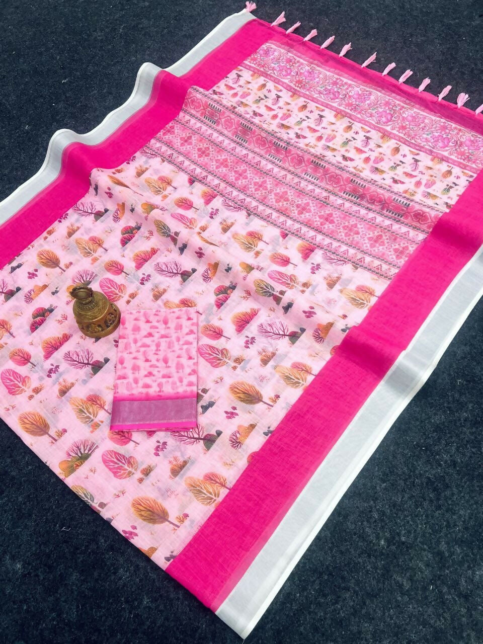 Prime Volt Linen Cotton Pink Printed Saree with Contrast Zari Border and Designer Blouse