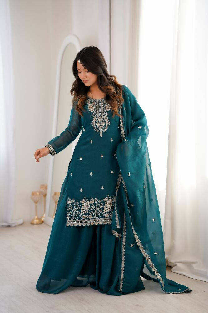 Lehenga Mart Designer Sharara Suit With Kurta, Sharara, Dupatta For Women-Teal Blue