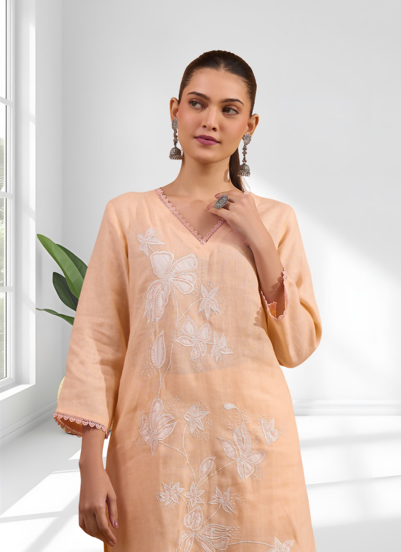 Joban Fashion Coral Linen Embroidered Readymade Long Kurta With Pant