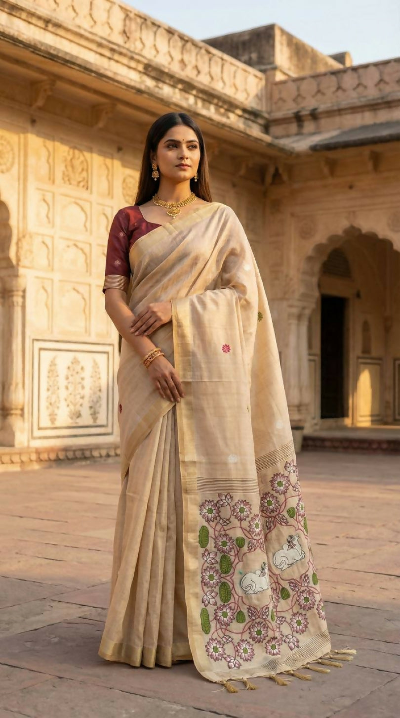 Vastranavya Cream Muga Cotton Meenakari & Azarakh Pallu Saree with Contrast Blouse