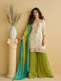 Evanik Women Off White Chinon Silk Zari Embroidered Sequins Sharara Suit