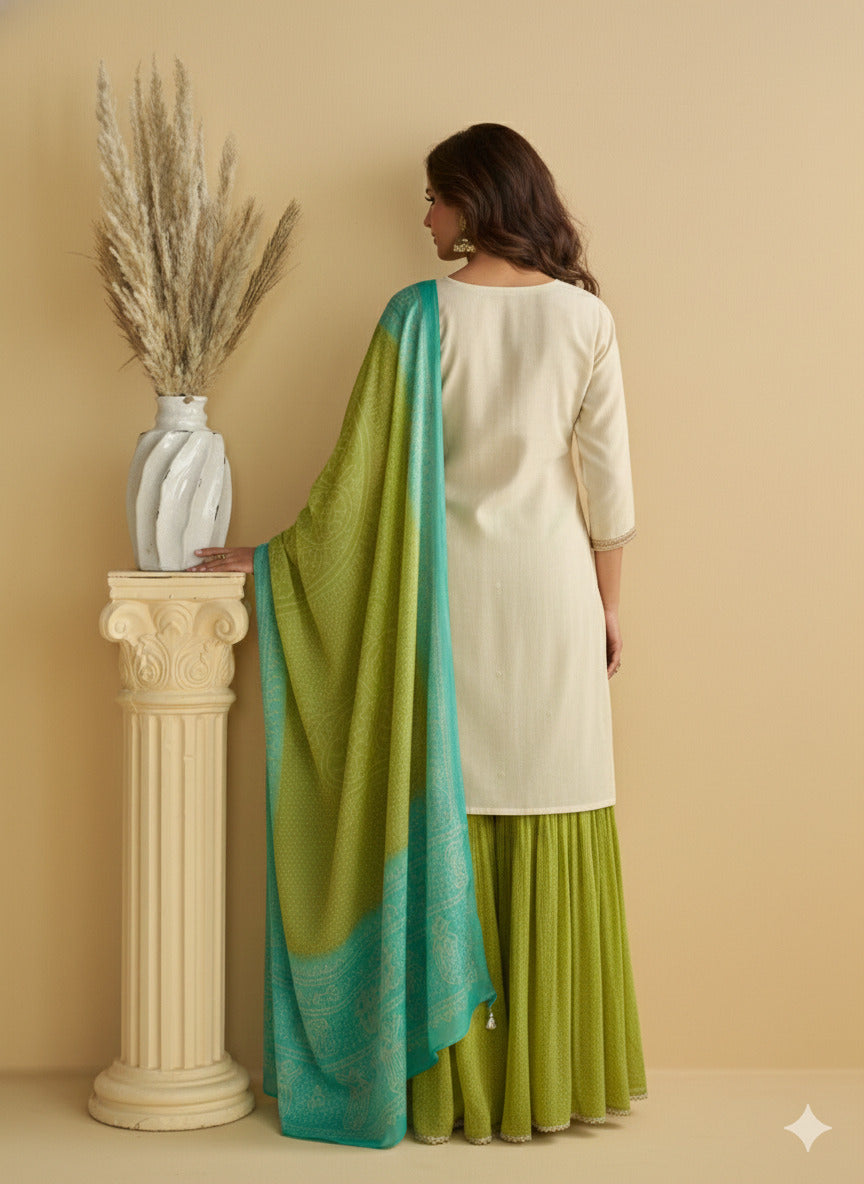Evanik Women Off White Chinon Silk Zari Embroidered Sequins Sharara Suit