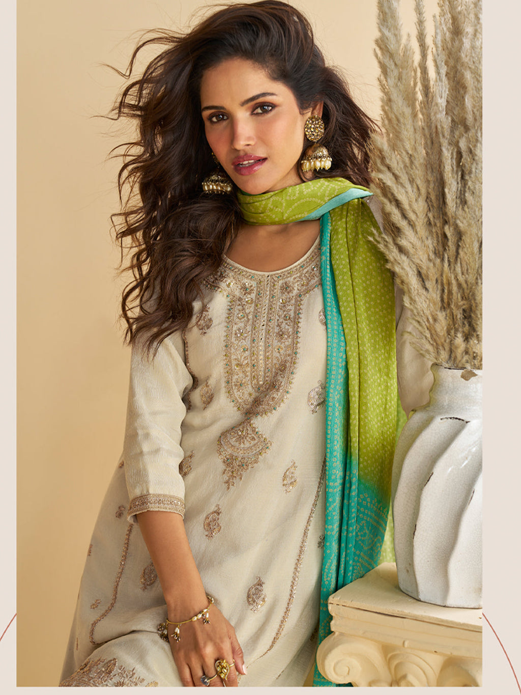 Evanik Women Off White Chinon Silk Zari Embroidered Sequins Sharara Suit