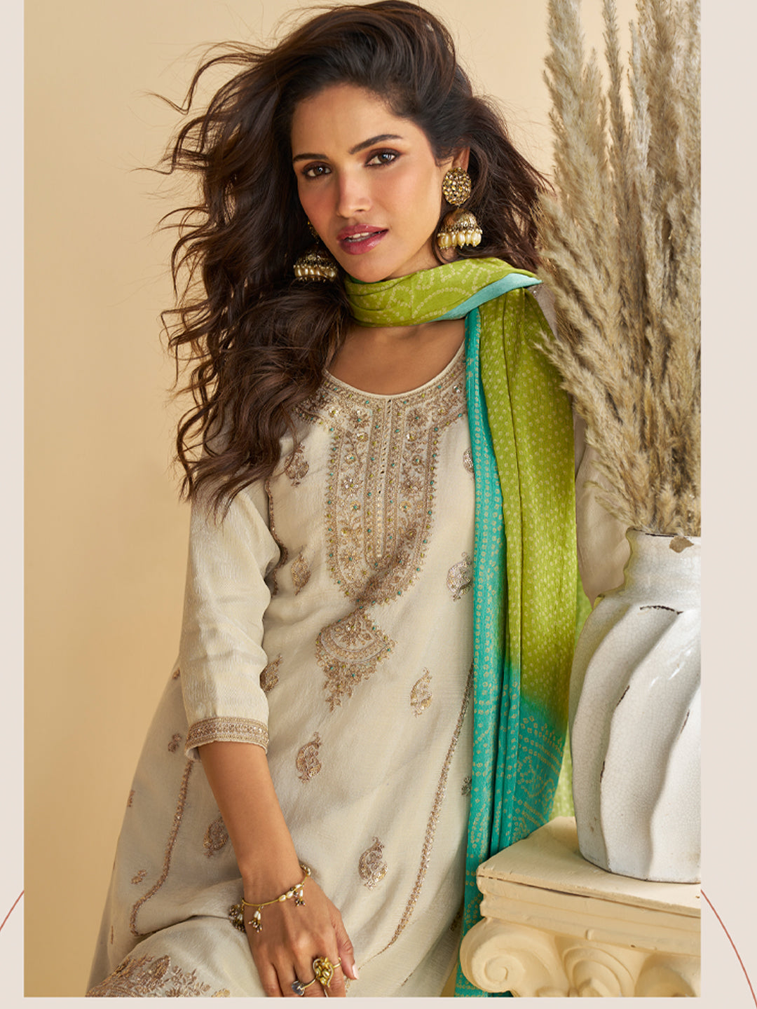 Evanik Women Off White Chinon Silk Zari Embroidered Sequins Sharara Suit