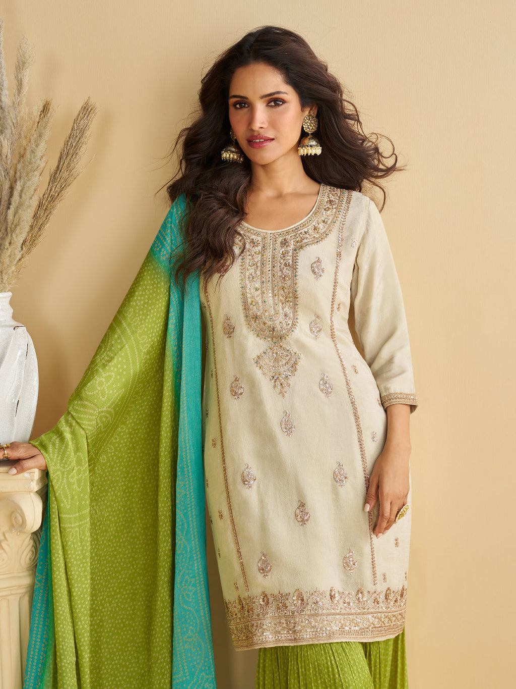 Evanik Women Off White Chinon Silk Zari Embroidered Sequins Sharara Suit