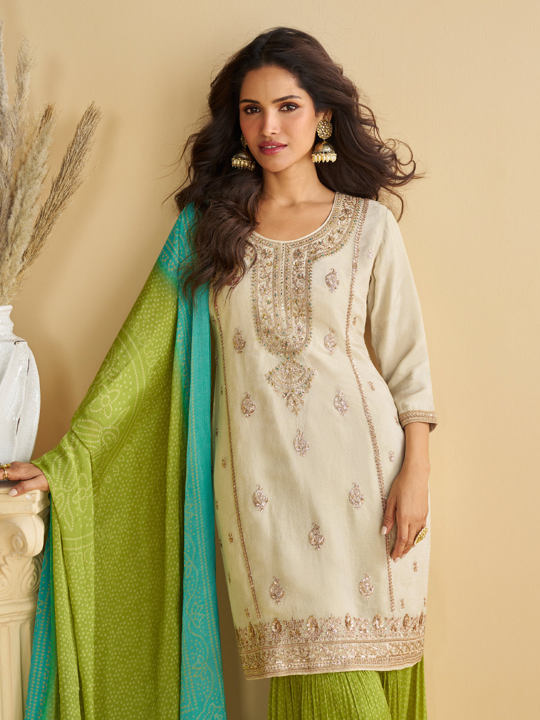 Evanik Women Off White Chinon Silk Zari Embroidered Sequins Sharara Suit