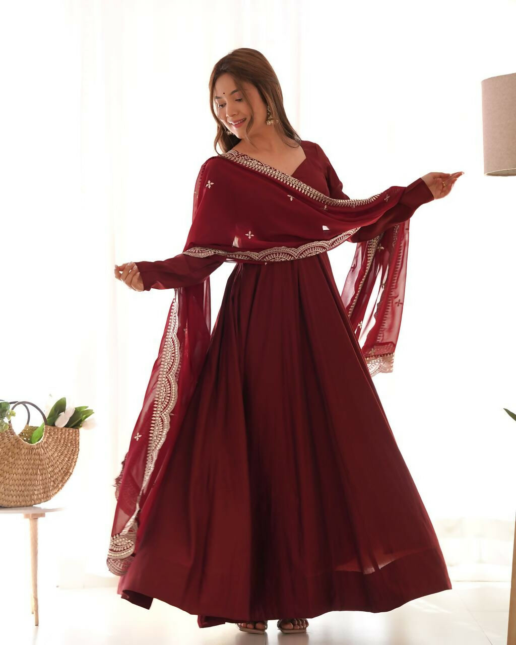 Lehenga Mart Designer Anarkali Suit With Kurta, Pant, Dupatta For Women-Maroon