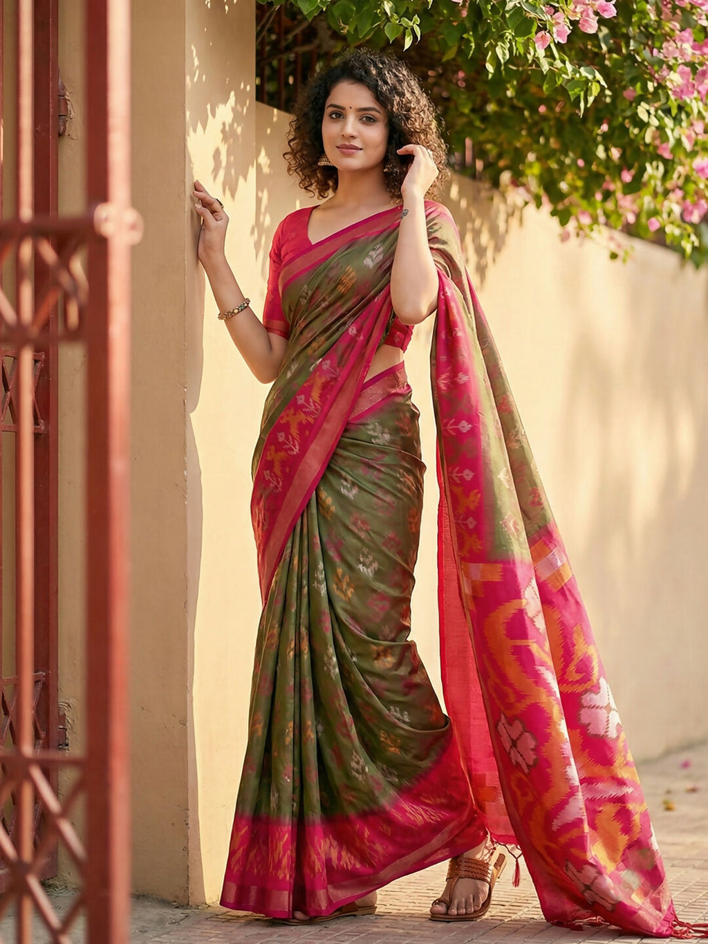 Shree Shyam Fashion Olive Green Pochampally Silk Saree