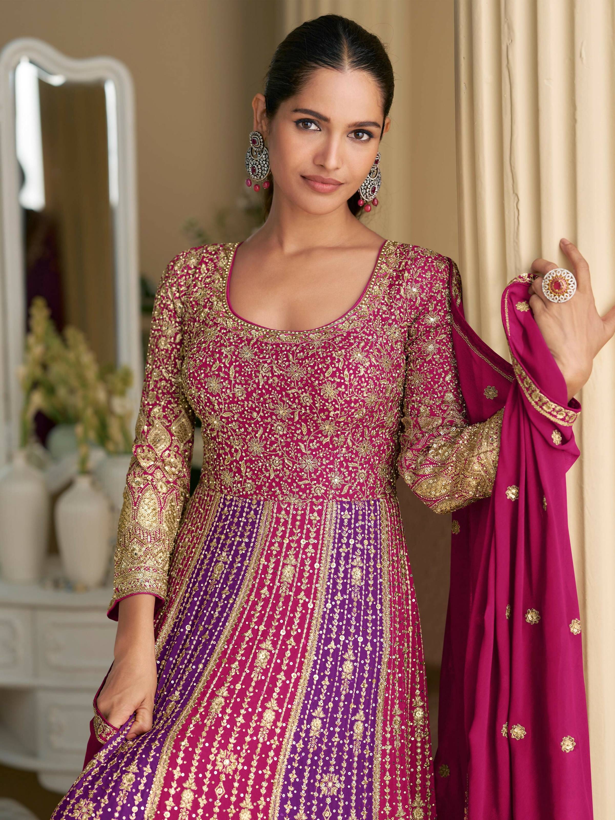 Anaita Rani Pink Georgette Readymade Anarkali Suit with Embroidery Zarkan Work (Free Size)