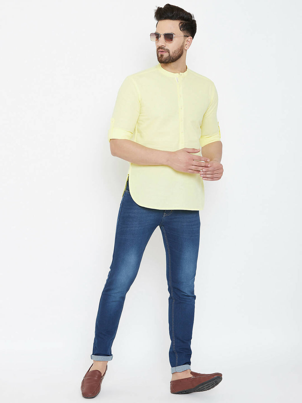Even Apparels Yellow Color Band Collar Pure Cotton Men's Kurta
