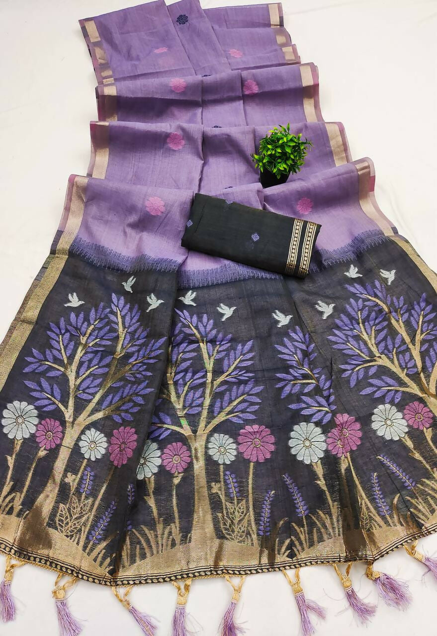 Vastranavya Lavender Muga Cotton Meenakari & Azarakh Pallu Saree with Contrast Blouse