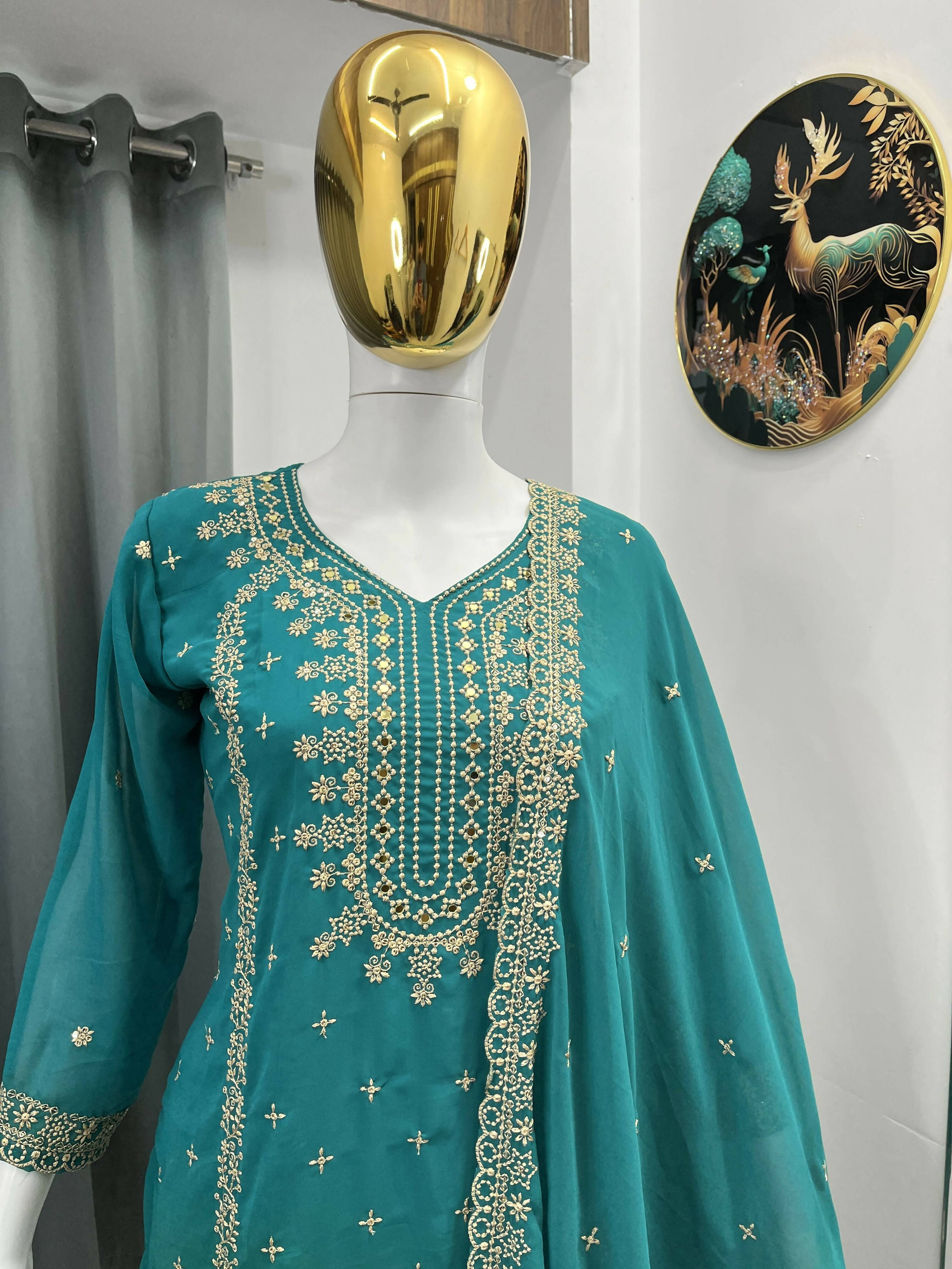Teeya Creation Teal Color Faux Georgette Embroidery Work Party Wear Salwar Suit