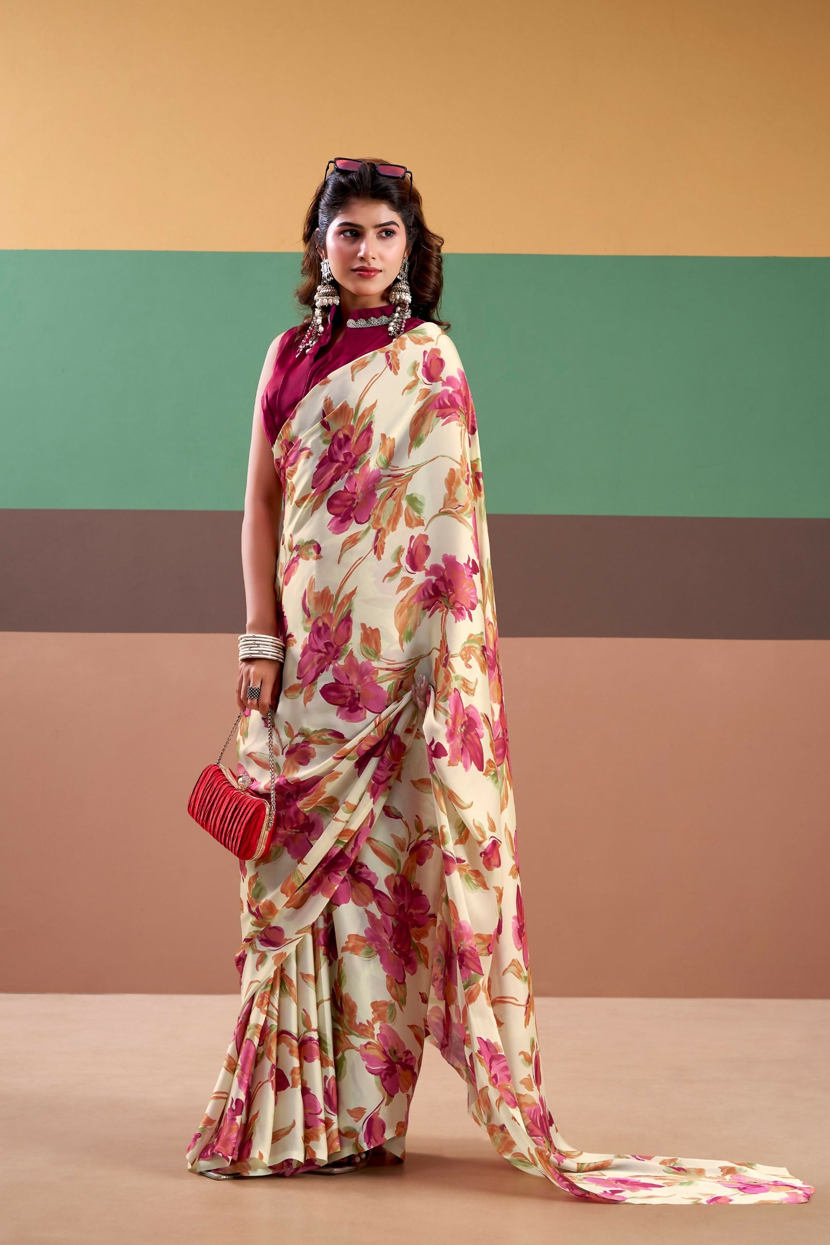 Vastranavya Pink Satin Silk Floral Printed Saree with Stitched Blouse
