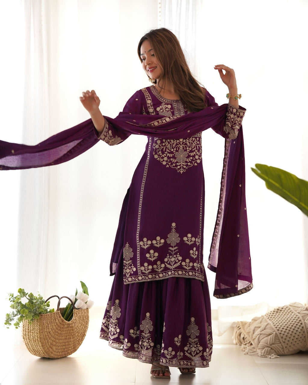 Teeya Creation Purple Color Chinon Silk Embroidery Work Wedding Wear Palazzo Set