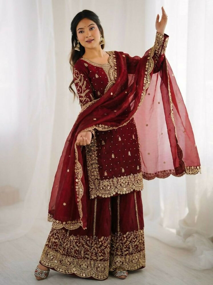 Teeya Creation Maron Color Fendy Silk Embroidery Work Wedding Wear Salwar Suit