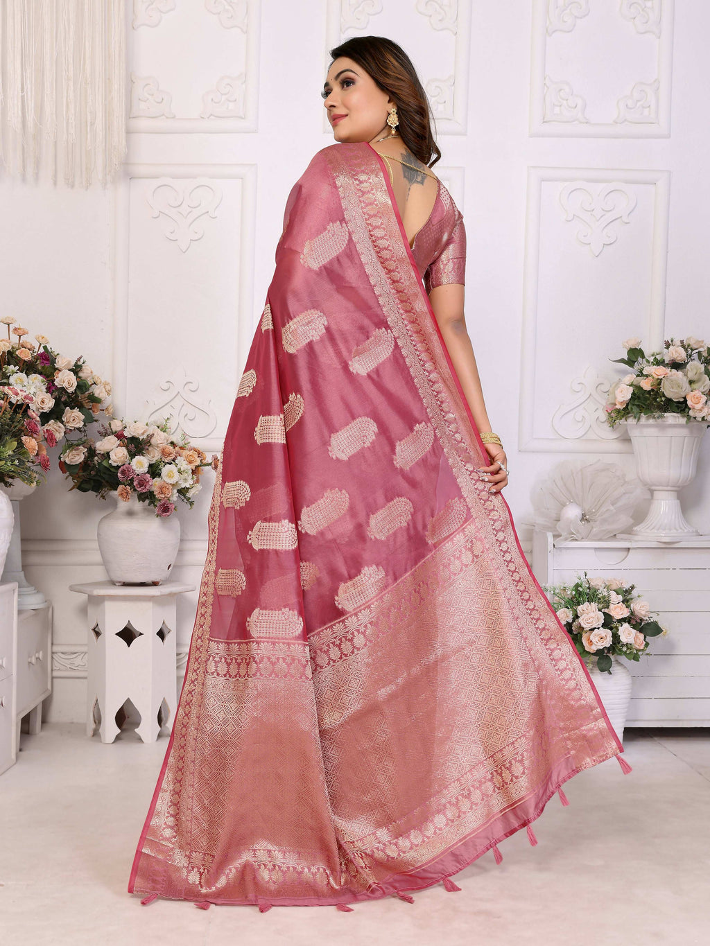 Aastha Fashion Dusty Rose Soft Organza Silk Weaving Saree