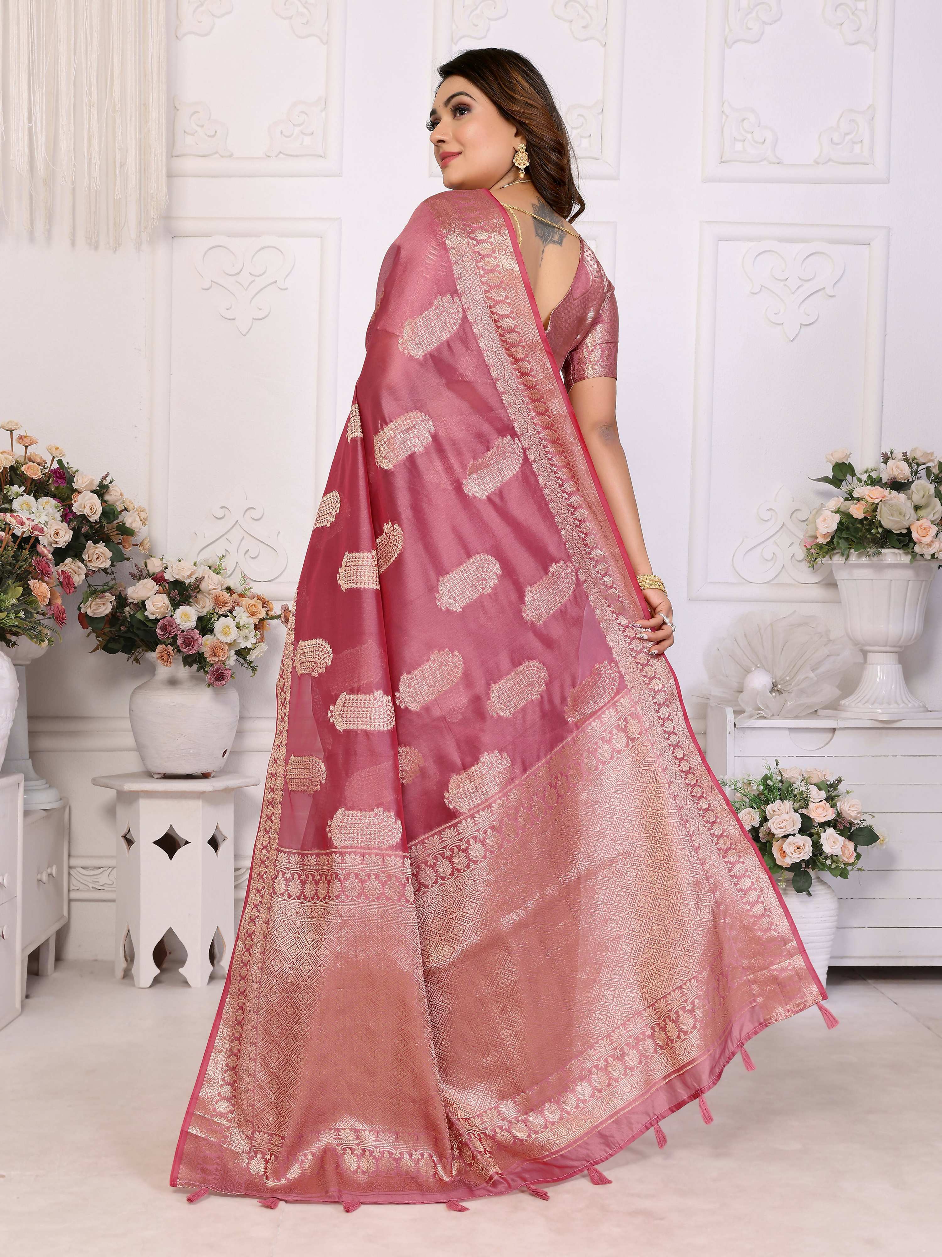 Aastha Fashion Dusty Rose Soft Organza Silk Weaving Saree