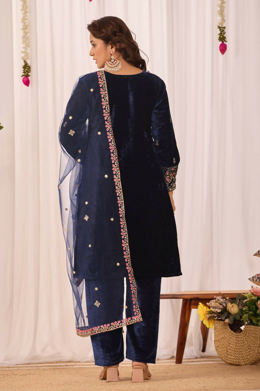 Joban Fashion Blue Kurta Set Velvet Embroidery Sequence Work