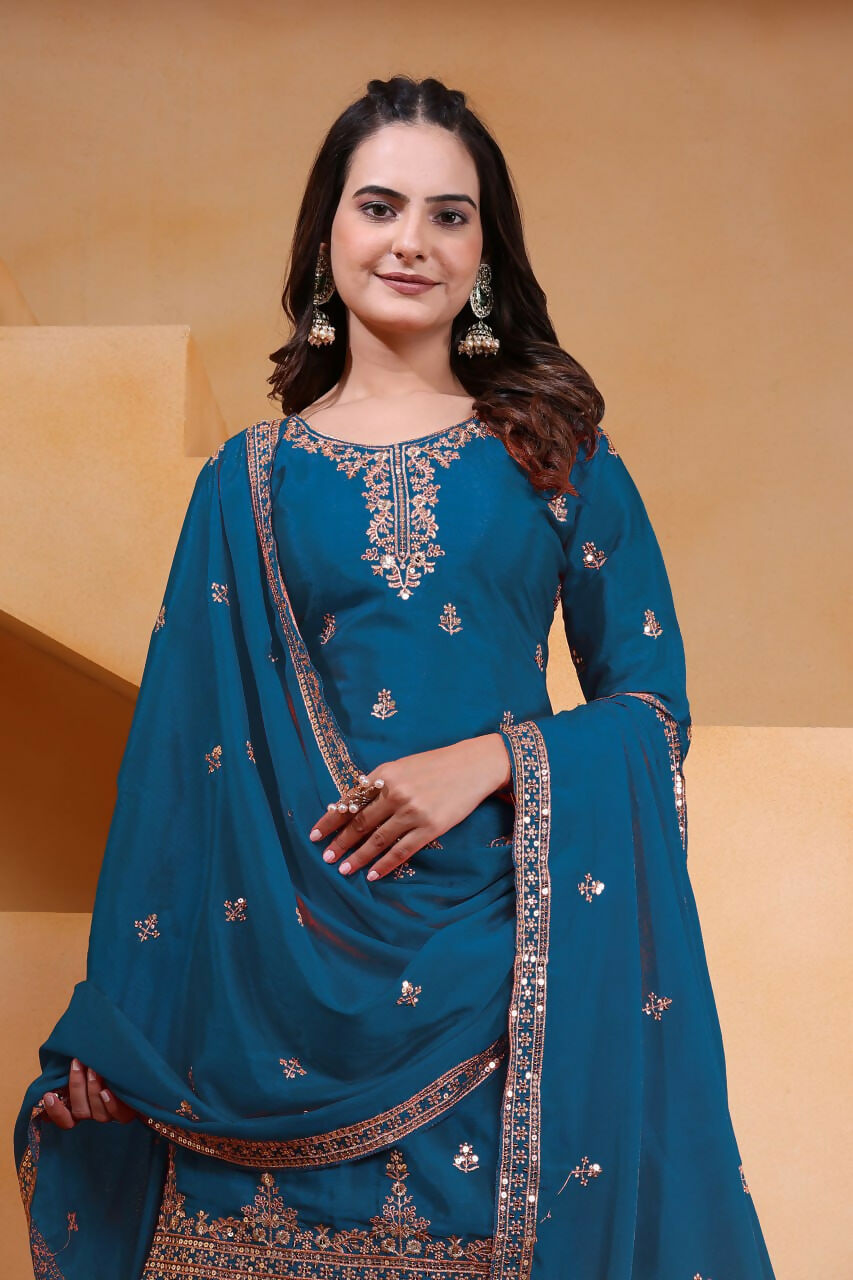 Joban Fashion Teal Silk Embroidered Sharara Set