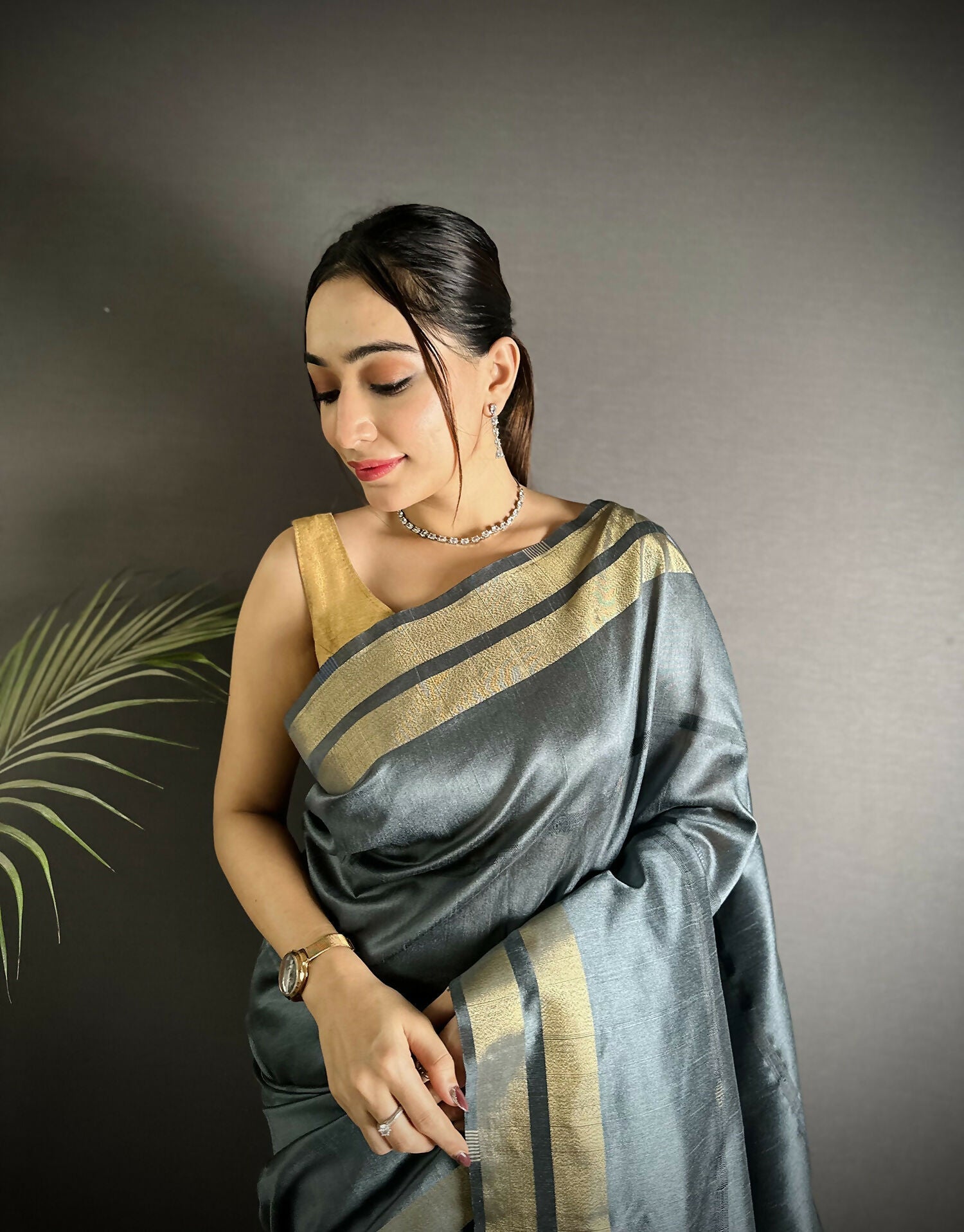 Joban Fashion Dark Grey Woven Pattern Raw Silk Kanjivaram Silk Saree