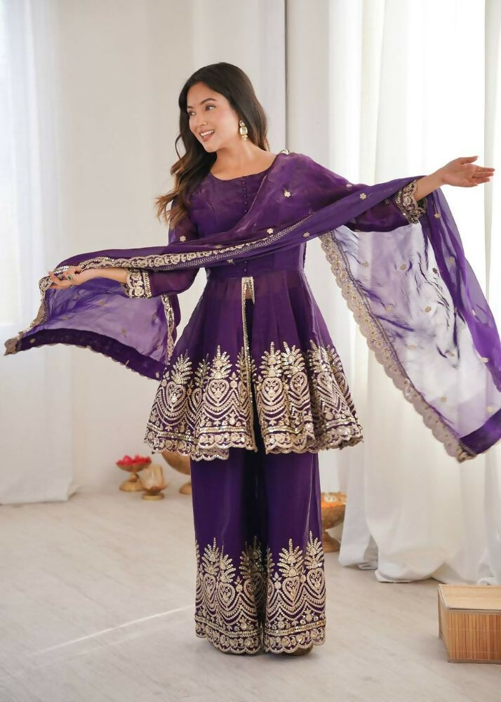 Teeya Creation Purple Color Fendy Satin Silk Embroidery Work party Wear Salwar Suit