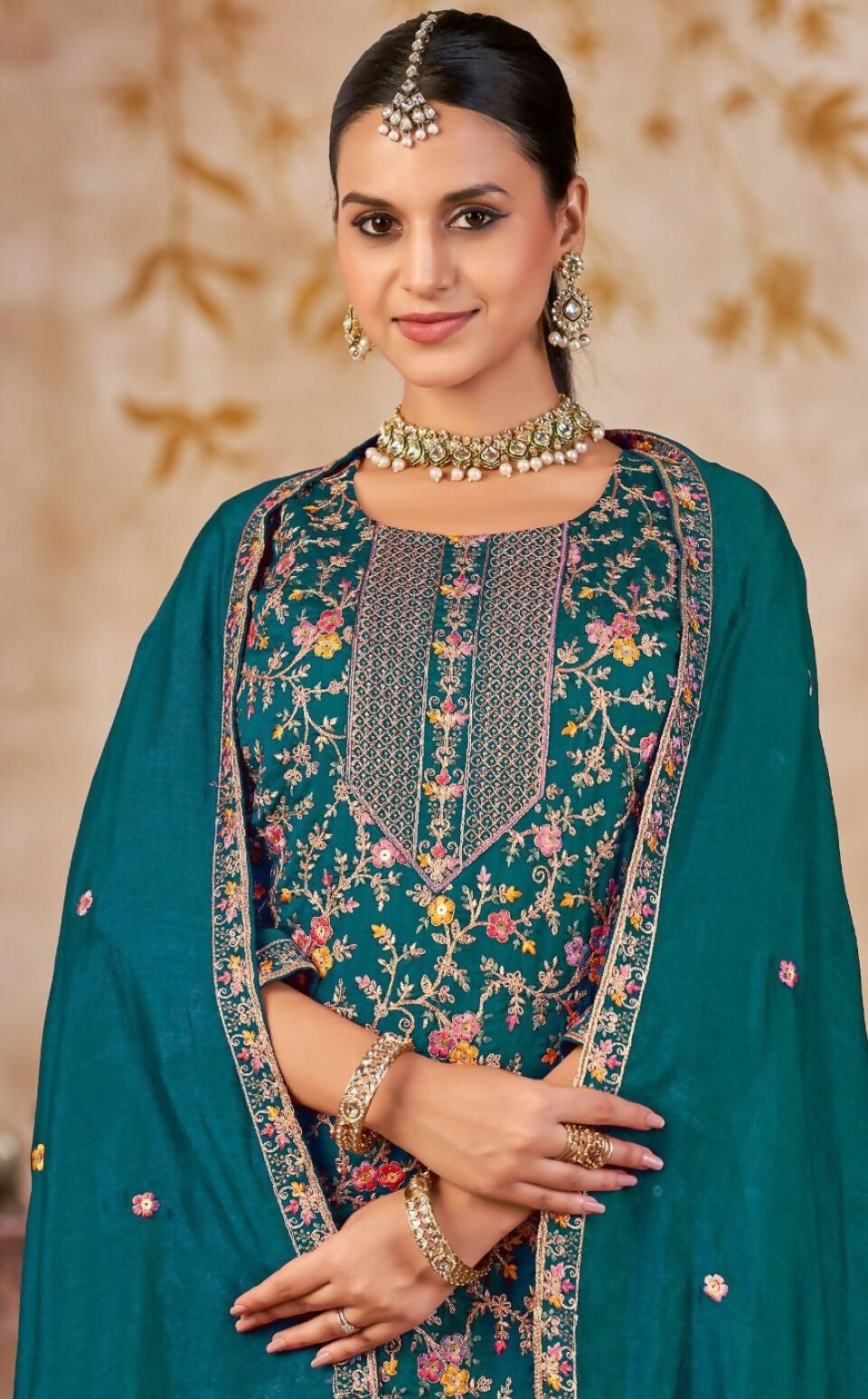 Anaita Blue Vichitra Silk Readymade Palazzo Suit with Embroidery & Lace Work
