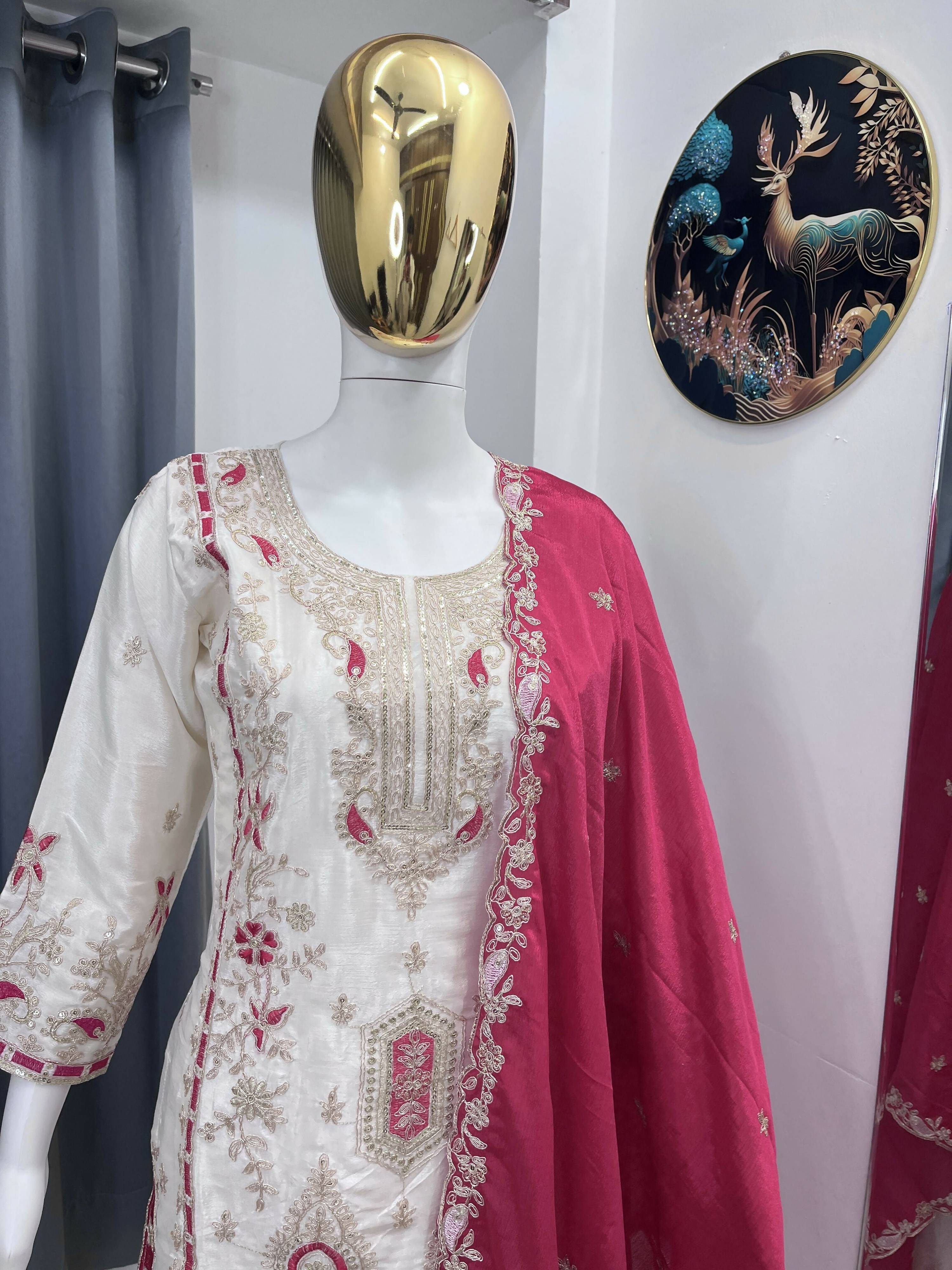Teeya Creation White Color Chinon Silk Party Wear Trending Palazzo Set