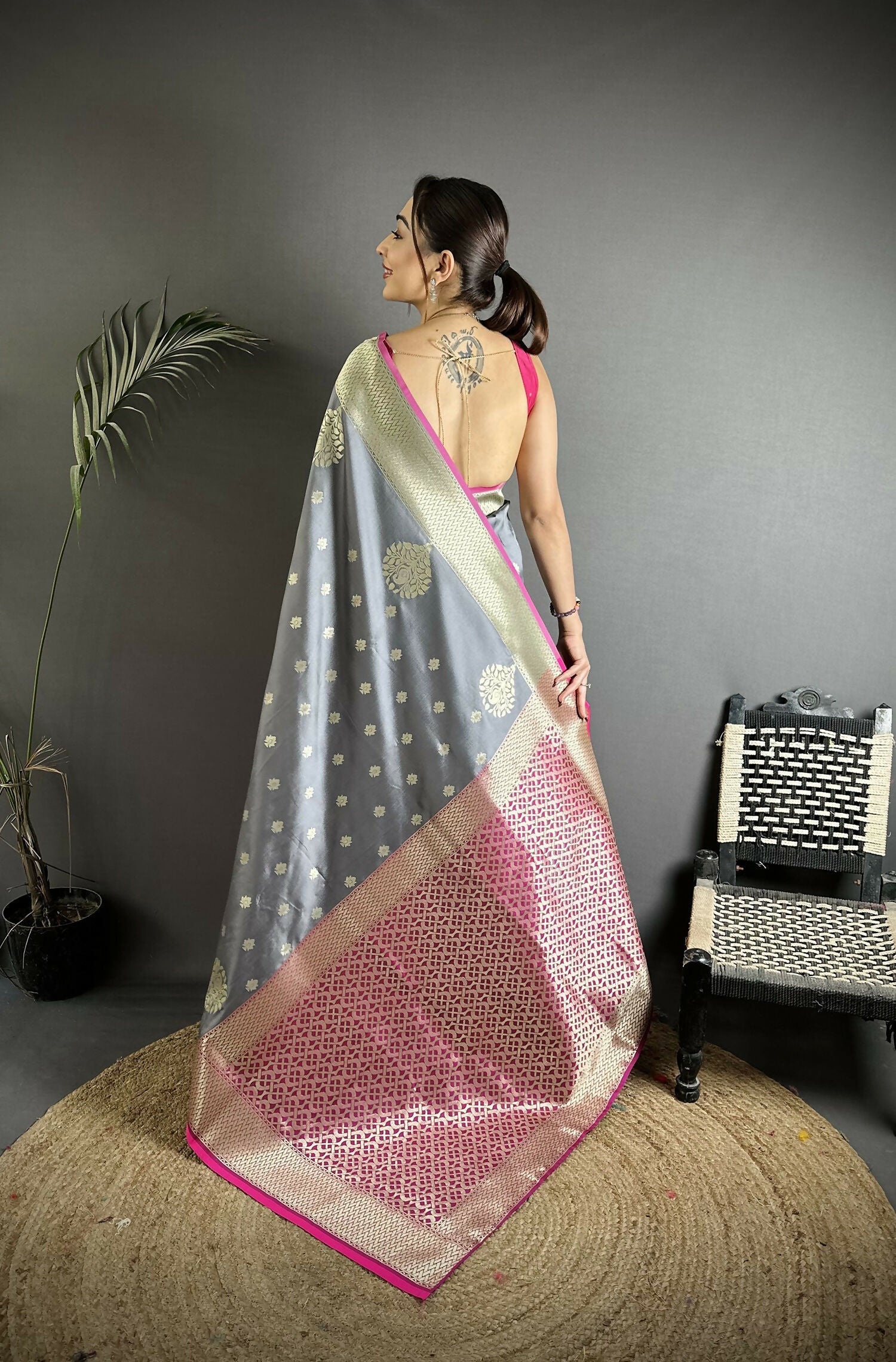 Joban Fashion Grey Woven Butti Soft Silk Banarasi Silk Saree