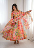 Teeya Creation Orange Soft Organza Digital Printed Party Wear Long Gown