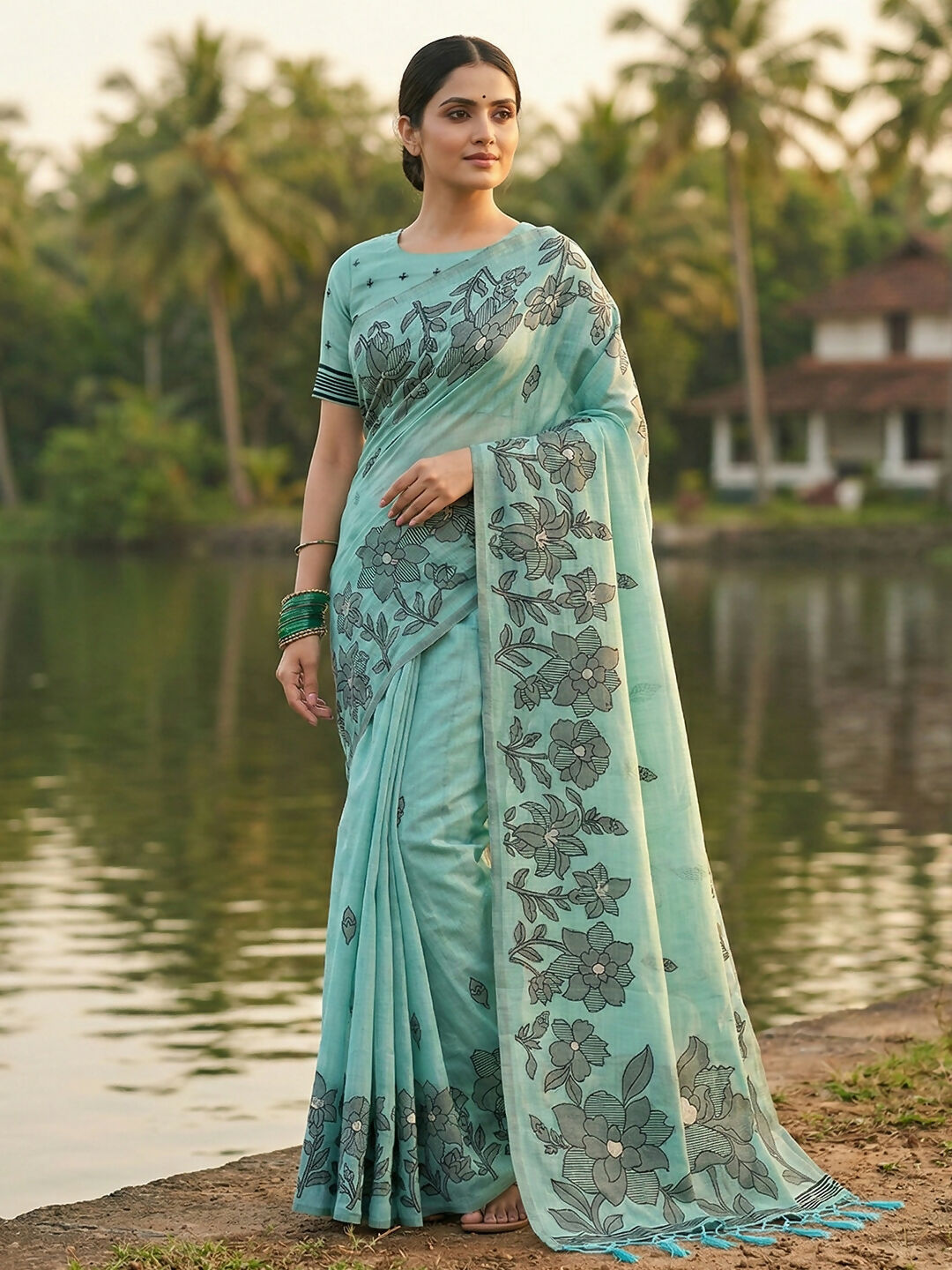 Shree Shyam Fashion Sea Green Linen Cotton Saree