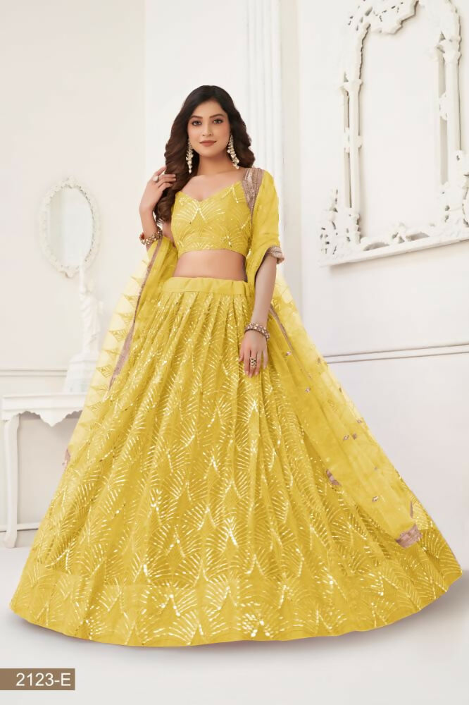 Aastha Fashion Yellow Butterfly Net Tone To Tone Thread Work, Sequence Work And Original Mirror Work Embroidery Wedding Wear Lehenga Choli