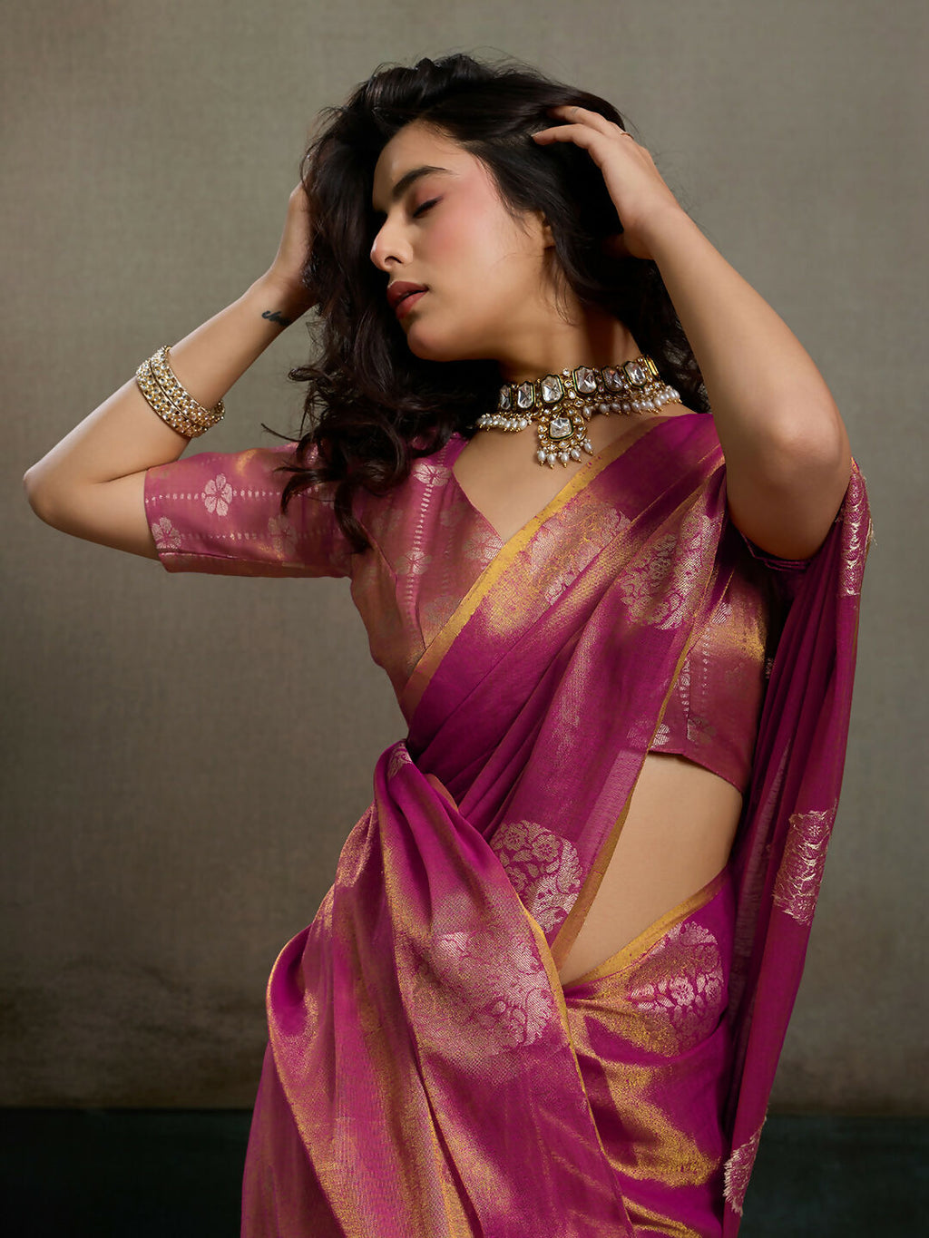 Shree Shyam Fashion Magenta Tissue Silk Saree