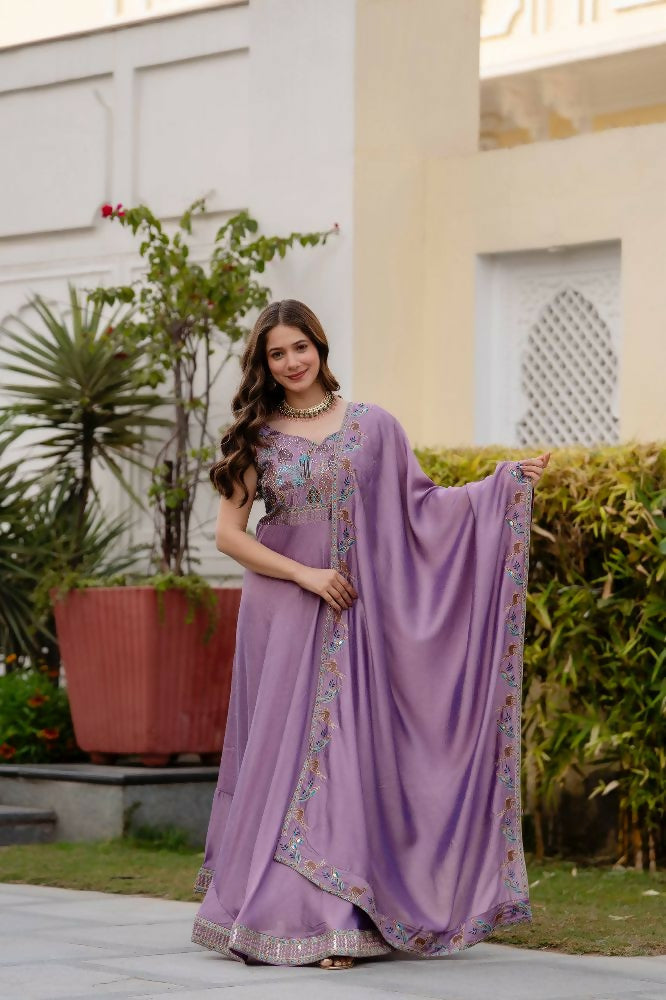 Teeya Creation Lavender Color Vichitra Silk Designer Party Wear long Gown
