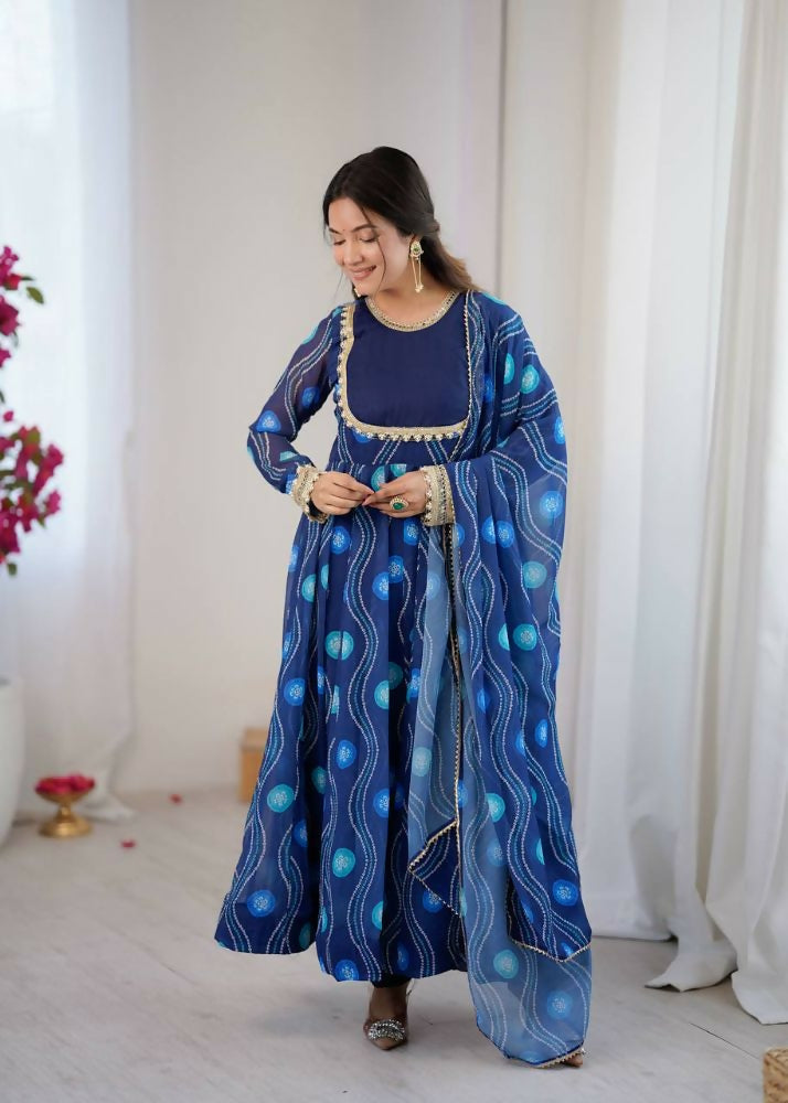 Teeya Creation Blue Faux Georgette Party Wear Digital Print Long Gown