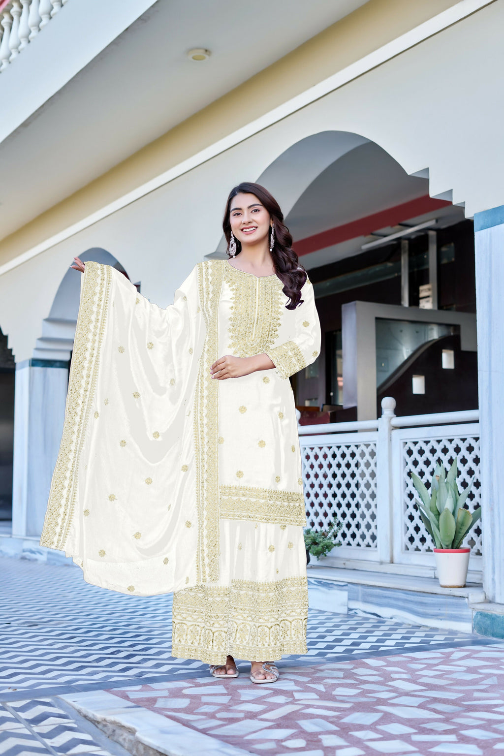 Teeya Creation White Color Chinon Silk Heavy Embroidery Work Wedding Wear Sharara