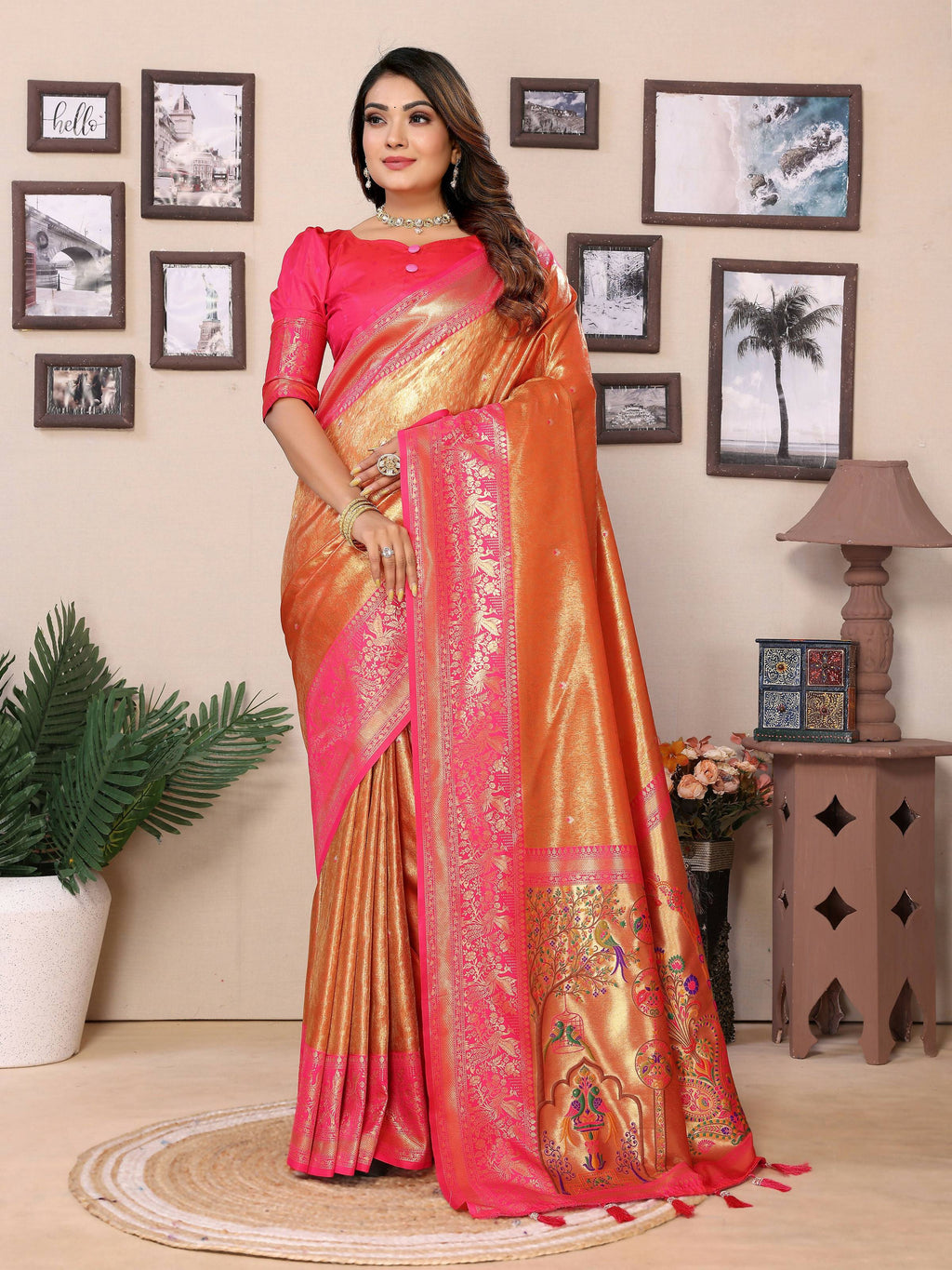 Aastha Fashion Orange Tissue Silk Weaving Saree