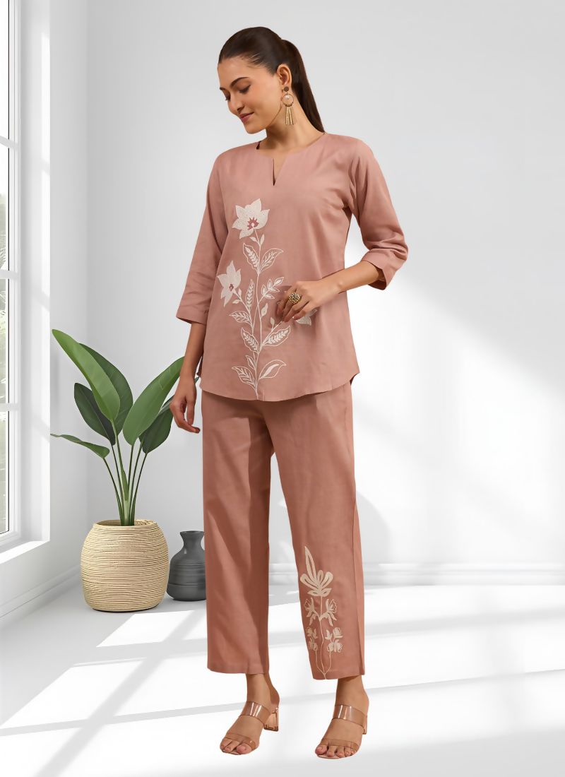 Joban Fashion Pink Cotton, Linen Embroidered Readymade Cord Set