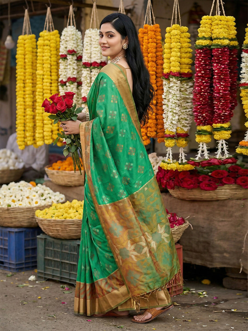 Shree Shyam Fashion Green Pochampally Silk Saree