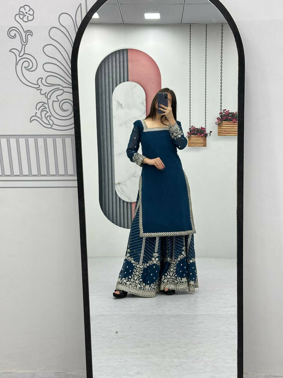 Teeya Creation Womens New Heavy Fox Georgette Fabric With Heavy Embroidery Work Teal Kurta Set