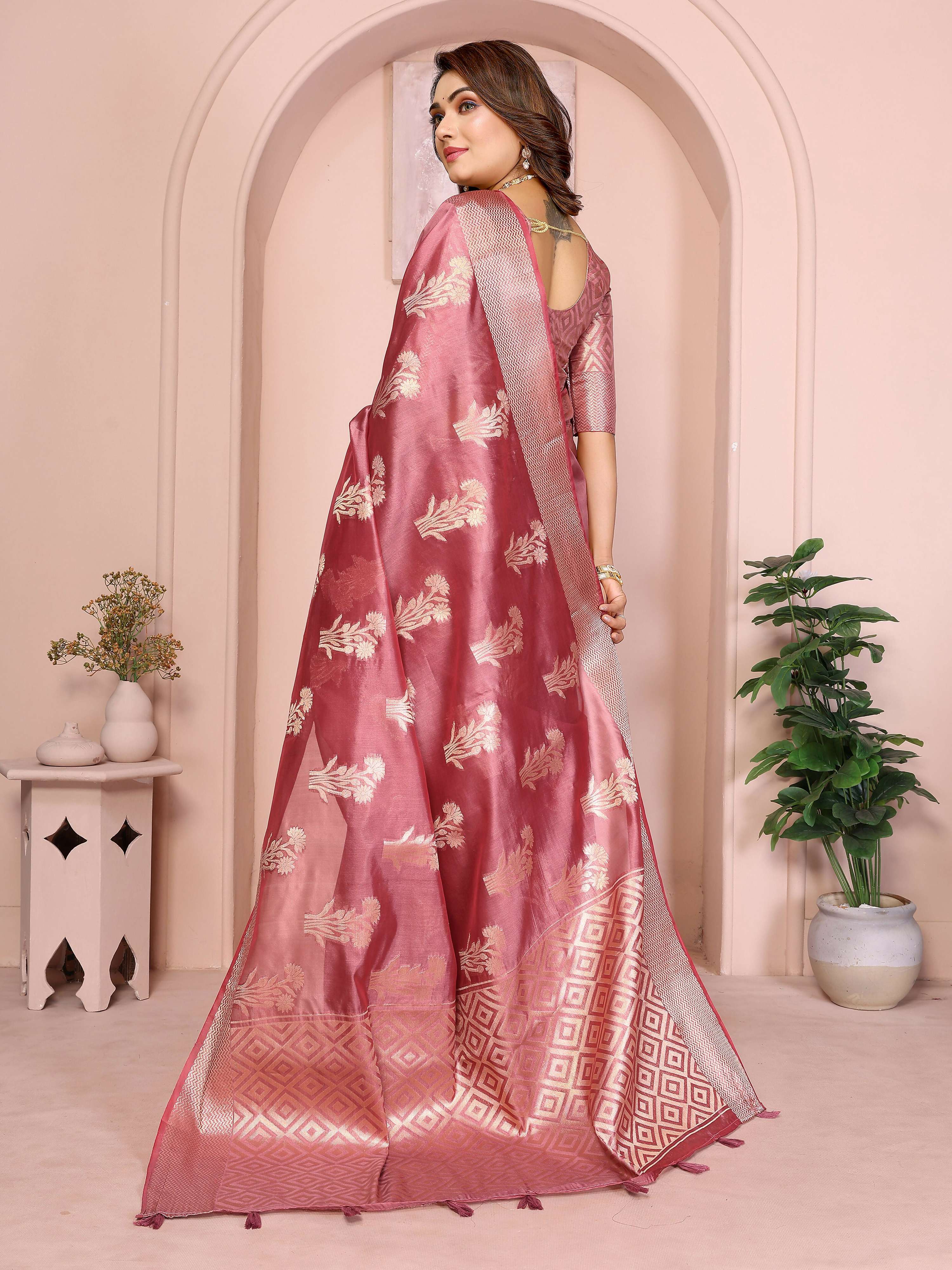 Aastha Fashion Dusty Rose Soft Organza Silk Weaving Saree